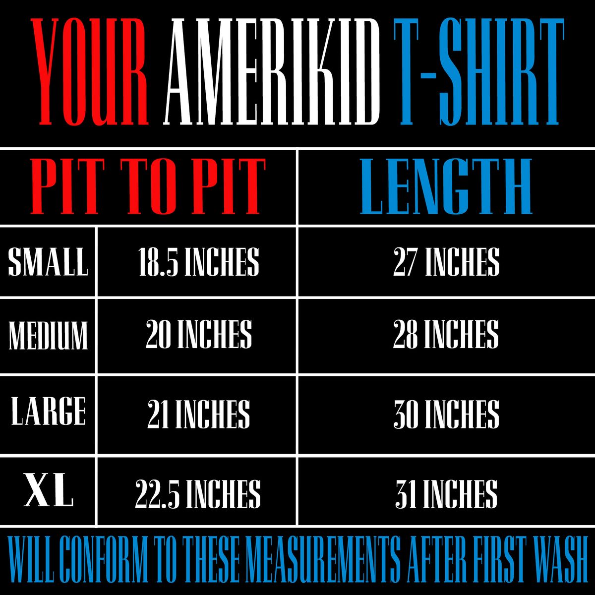 AmeriKid T-shirt size chart